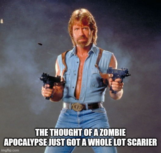 R.I P. Chuck | THE THOUGHT OF A ZOMBIE APOCALYPSE JUST GOT A WHOLE LOT SCARIER | image tagged in memes,chuck norris guns,chuck norris,zombies,zombie apocalypse | made w/ Imgflip meme maker