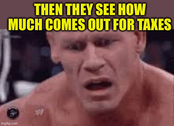 John Cena Sad / Confused | THEN THEY SEE HOW MUCH COMES OUT FOR TAXES | image tagged in john cena sad / confused | made w/ Imgflip meme maker