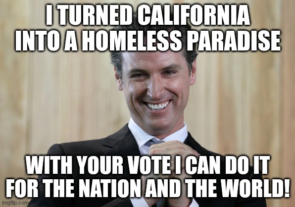 Scheming Gavin Newsom  | I TURNED CALIFORNIA INTO A HOMELESS PARADISE; WITH YOUR VOTE I CAN DO IT FOR THE NATION AND THE WORLD! | image tagged in scheming gavin newsom | made w/ Imgflip meme maker