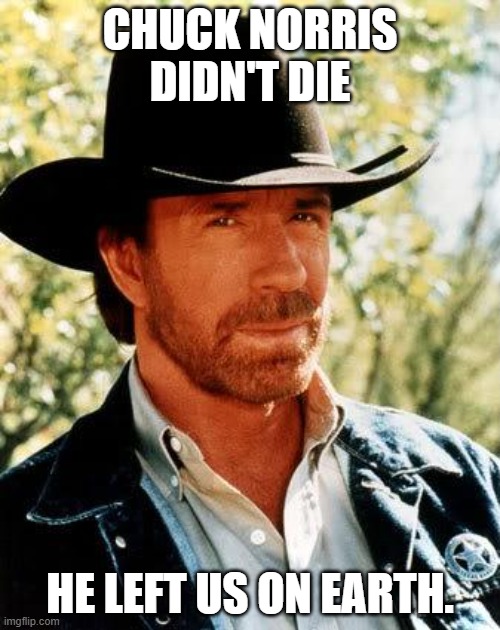 Chuck Norris Didn't Die... | CHUCK NORRIS DIDN'T DIE; HE LEFT US ON EARTH. | image tagged in memes,chuck norris | made w/ Imgflip meme maker