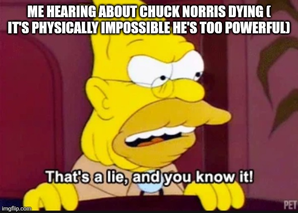 That's a lie, and you know it! | ME HEARING ABOUT CHUCK NORRIS DYING ( IT'S PHYSICALLY IMPOSSIBLE HE'S TOO POWERFUL) | image tagged in that's a lie and you know it | made w/ Imgflip meme maker