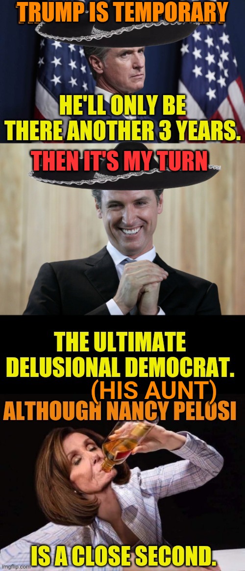 Greasy Gavin thinks it's his turn | TRUMP IS TEMPORARY; THEN IT'S MY TURN; (HIS AUNT) | image tagged in grease,gavin,pelosi,drunk | made w/ Imgflip meme maker