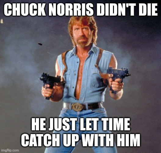 Chuck Norris Guns Meme | CHUCK NORRIS DIDN'T DIE; HE JUST LET TIME CATCH UP WITH HIM | image tagged in memes,chuck norris guns,chuck norris | made w/ Imgflip meme maker