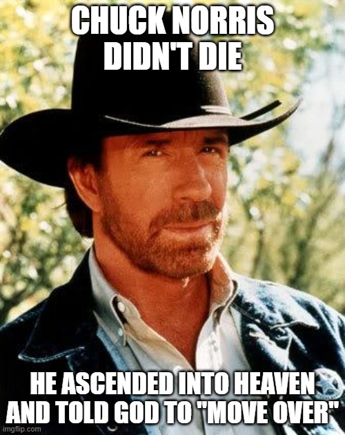 RIP Chuck Norris | CHUCK NORRIS DIDN'T DIE; HE ASCENDED INTO HEAVEN AND TOLD GOD TO "MOVE OVER" | image tagged in memes,chuck norris | made w/ Imgflip meme maker