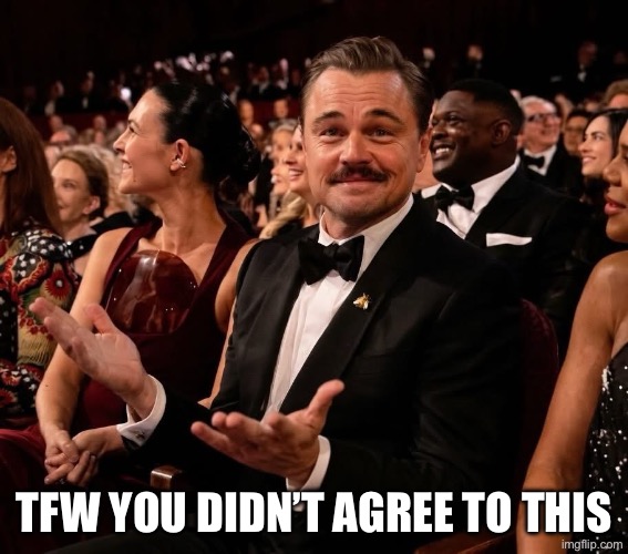 THE DICAPRIO SHRUG OF 2026 | TFW YOU DIDN’T AGREE TO THIS | image tagged in the dicaprio shrug of 26 | made w/ Imgflip meme maker