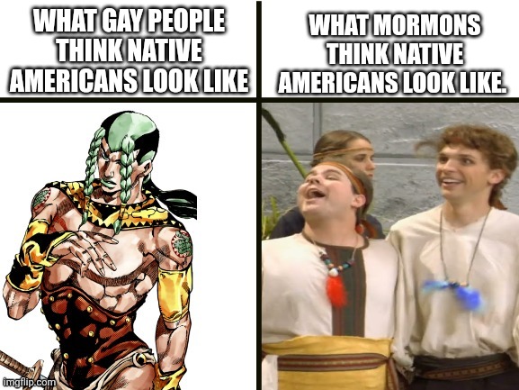 WHAT MORMONS THINK NATIVE AMERICANS LOOK LIKE. WHAT GAY PEOPLE THINK NATIVE AMERICANS LOOK LIKE | made w/ Imgflip meme maker
