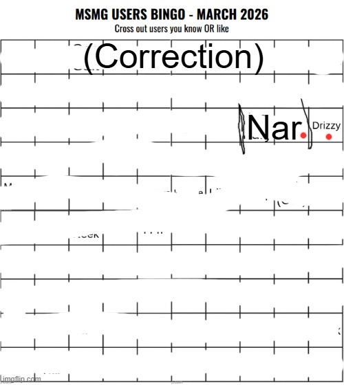 . | (Correction); Nar | image tagged in msmg users bingo march 2026 | made w/ Imgflip meme maker