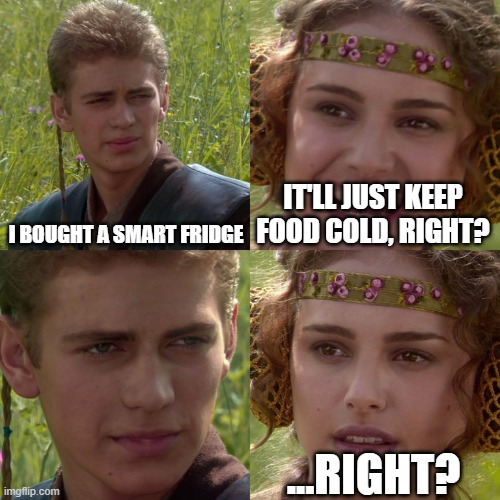 Fridge Intentions | I BOUGHT A SMART FRIDGE; IT'LL JUST KEEP FOOD COLD, RIGHT? ...RIGHT? | image tagged in anakin padme 4 panel | made w/ Imgflip meme maker