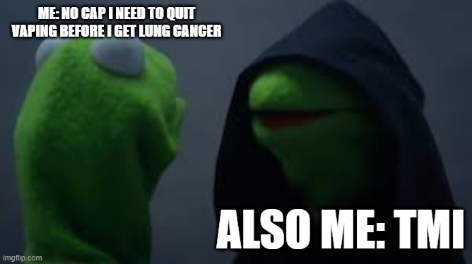 Health education | ME: NO CAP I NEED TO QUIT VAPING BEFORE I GET LUNG CANCER; ALSO ME: TMI | image tagged in darth kermit | made w/ Imgflip meme maker