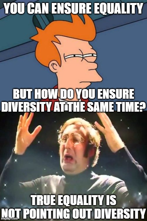 YOU CAN ENSURE EQUALITY BUT HOW DO YOU ENSURE DIVERSITY AT THE SAME TIME? TRUE EQUALITY IS NOT POINTING OUT DIVERSITY | image tagged in memes,futurama fry,mind blown | made w/ Imgflip meme maker