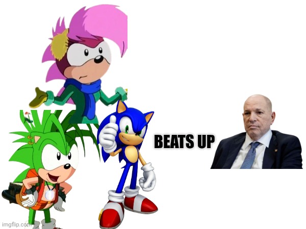 Sonic Manic Sonia Beats Up Harvey Weinstein | BEATS UP | image tagged in harvey weinstein,sega,sonic underground,sonic the hedgehog | made w/ Imgflip meme maker