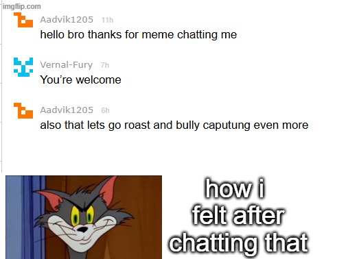 i felt evil after that so suggest me mean comments | how i  felt after chatting that | image tagged in shitpost | made w/ Imgflip meme maker