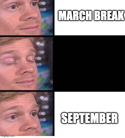 blinking guy vertical blank | MARCH BREAK; SEPTEMBER | image tagged in blinking guy vertical blank | made w/ Imgflip meme maker