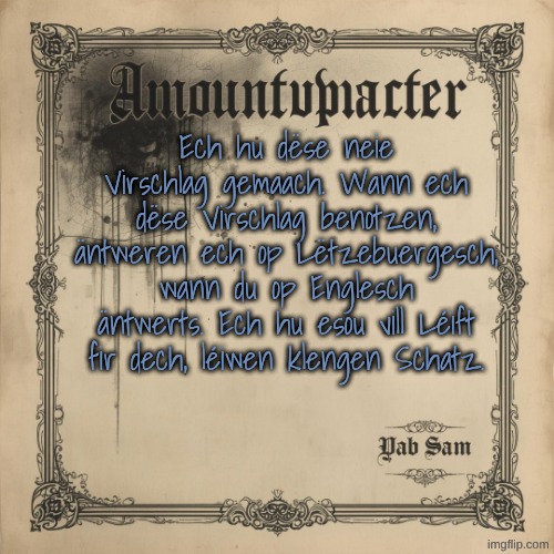 Sams Luxembourgish Temp:3 | Ech hu dëse neie Virschlag gemaach. Wann ech dëse Virschlag benotzen, äntweren ech op Lëtzebuergesch, wann du op Englesch äntwerts. Ech hu esou vill Léift fir dech, léiwen klengen Schatz. | image tagged in sams luxembourgish temp 3 | made w/ Imgflip meme maker