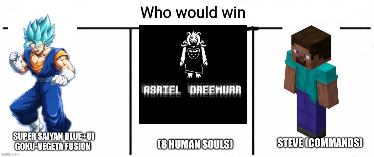 3x who would win | (8 HUMAN SOULS); SUPER SAIYAN BLUE+UI GOKU-VEGETA FUSION; STEVE (COMMANDS) | image tagged in undertale,minecraft,dragon ball z | made w/ Imgflip meme maker