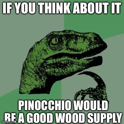 Think about this one for me gng | IF YOU THINK ABOUT IT; PINOCCHIO WOULD BE A GOOD WOOD SUPPLY | image tagged in memes,philosoraptor | made w/ Imgflip meme maker