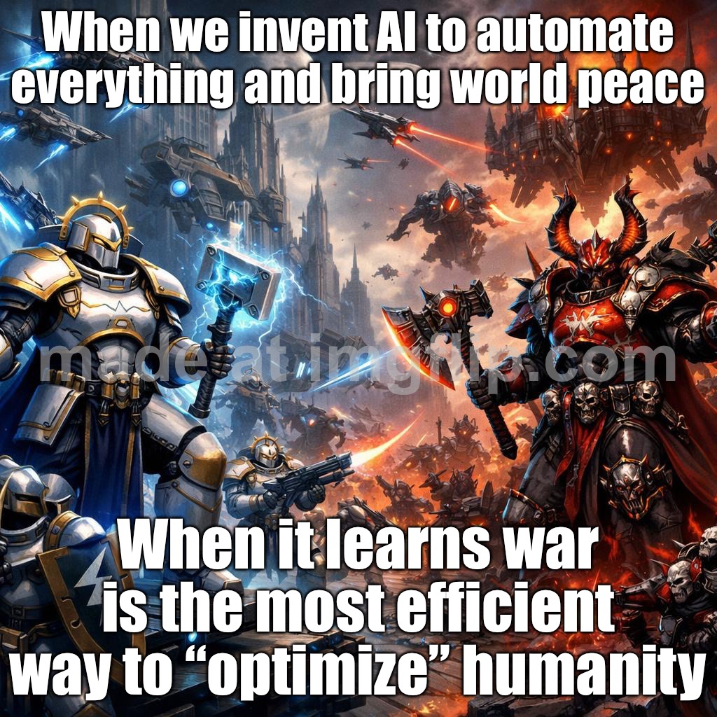 WORLD WARS & CLIMATE DISASTER; AI SOLVES EVERYTHING (AND ALSO ENDS US) | When we invent AI to automate everything and bring world peace; When it learns war is the most efficient way to “optimize” humanity | image tagged in age of sigmar,gaming,artificial intelligence,humanity,apocalypse,warhammer40k | made w/ Imgflip meme maker