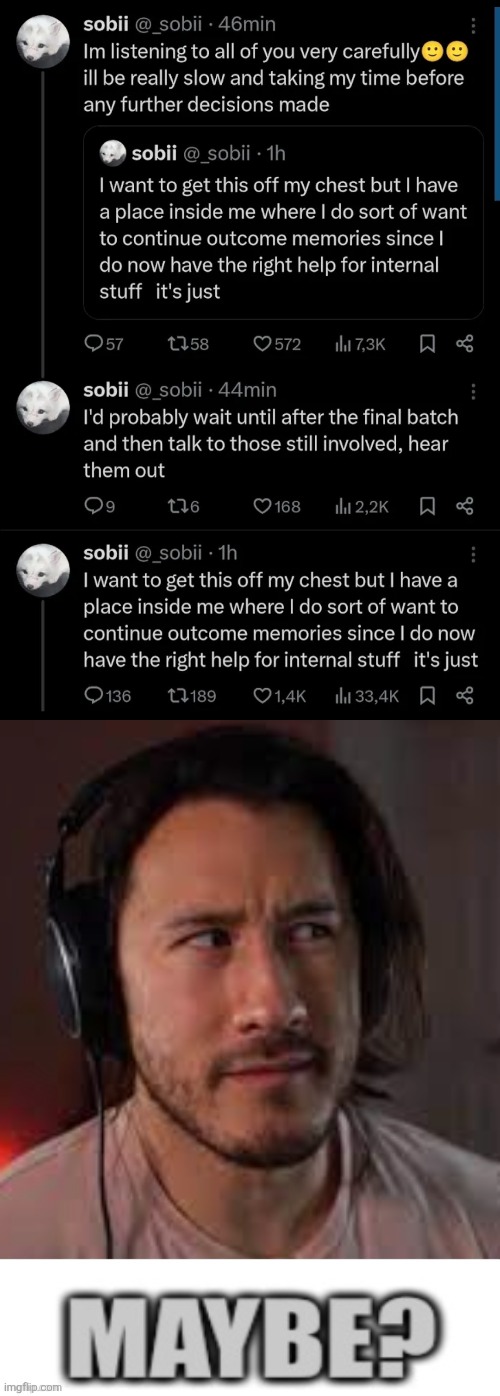 So like 50/50 chance Outcome Memories gets revived | image tagged in markiplier maybe | made w/ Imgflip meme maker