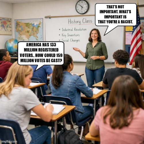 classroom with highschoolers | THAT'S NOT IMPORTANT. WHAT'S IMPORTANT IS THAT YOU'RE A RACIST. AMERICA HAS 133 MILLION REGISTERED VOTERS.. HOW COULD 159 MILLION VOTES BE CAST? | image tagged in classroom with highschoolers,racist,voters,america,million | made w/ Imgflip meme maker