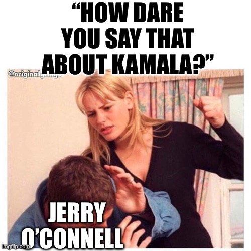 Jerry O’Connell | “HOW DARE YOU SAY THAT ABOUT KAMALA?”; JERRY O’CONNELL | image tagged in woman hitting man,kamala harris,politics,political meme,politics lol,political | made w/ Imgflip meme maker