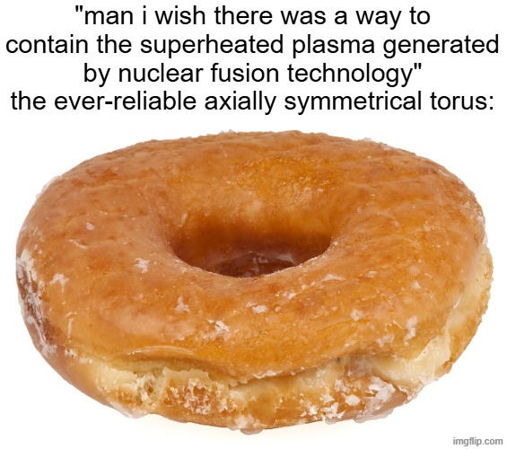 none of you are getting ts but trust me it's hella funny | "man i wish there was a way to contain the superheated plasma generated by nuclear fusion technology" the ever-reliable axially symmetrical torus: | made w/ Imgflip meme maker