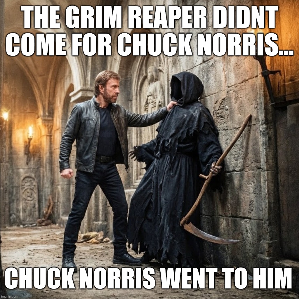 Chuck Norris and the Grim Reaper | THE GRIM REAPER DIDNT COME FOR CHUCK NORRIS... CHUCK NORRIS WENT TO HIM | image tagged in chuck norris,grim reaper,death | made w/ Imgflip meme maker