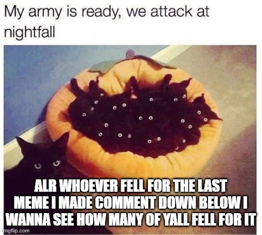 GrimNemo's army | ALR WHOEVER FELL FOR THE LAST MEME I MADE COMMENT DOWN BELOW I WANNA SEE HOW MANY OF YALL FELL FOR IT | image tagged in grimnemo's army | made w/ Imgflip meme maker