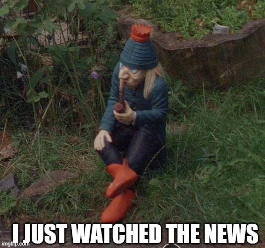 Gnome watched the news | I JUST WATCHED THE NEWS | image tagged in gnome has seen some stuff | made w/ Imgflip meme maker
