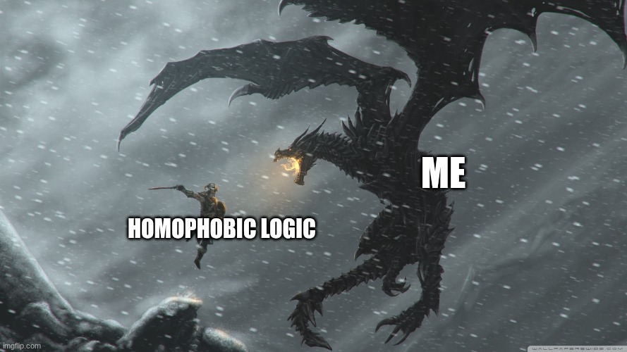 ME HOMOPHOBIC LOGIC | image tagged in skyrim dragon fight | made w/ Imgflip meme maker