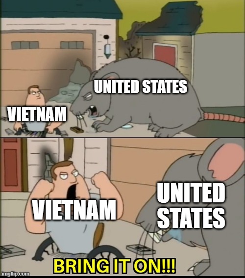 The Vietnam War In A Nutshell | UNITED STATES; VIETNAM; UNITED STATES; VIETNAM | image tagged in bring it on,vietnam,vietnam war,the vietnam war,history,joe swanson vs rat | made w/ Imgflip meme maker