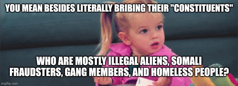 YOU MEAN BESIDES LITERALLY BRIBING THEIR "CONSTITUENTS" WHO ARE MOSTLY ILLEGAL ALIENS, SOMALI FRAUDSTERS, GANG MEMBERS, AND HOMELESS PEOPLE? | image tagged in confused toddler | made w/ Imgflip meme maker