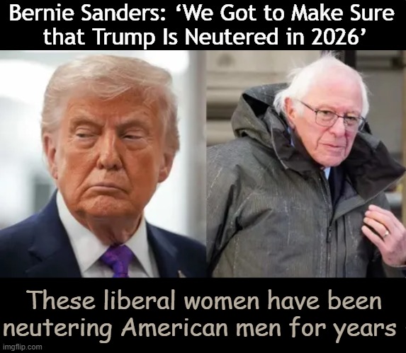 Bernie Sanders Once Again Asking | Bernie Sanders: ‘We Got to Make Sure 
that Trump Is Neutered in 2026’; These liberal women have been neutering American men for years | image tagged in bernie sanders,uncomfortable,truth,donald trump,bernie sanders once again asking,political humor | made w/ Imgflip meme maker