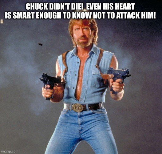 The Heart Beats Only Because It’s Scared to Stop | CHUCK DIDN'T DIE!  EVEN HIS HEART IS SMART ENOUGH TO KNOW NOT TO ATTACK HIM! | image tagged in chuck norris guns,chuck norris,chuck norris fact,rest in peace,fitness,fitness is my passion | made w/ Imgflip meme maker