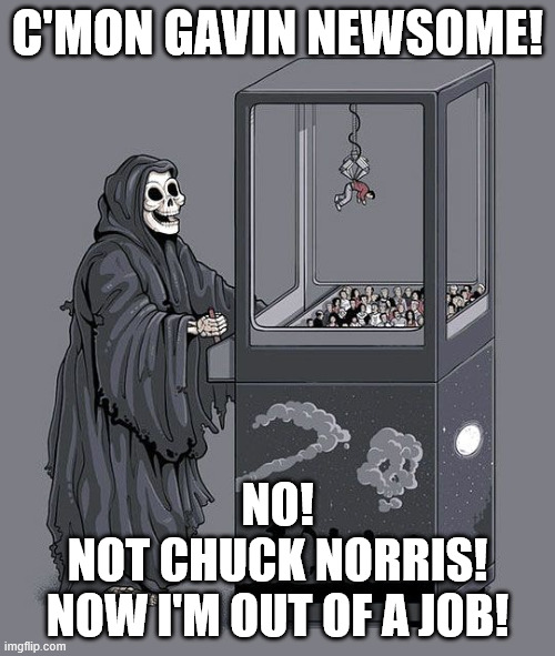 Chuck Norris captures death | C'MON GAVIN NEWSOME! NO!
NOT CHUCK NORRIS!
NOW I'M OUT OF A JOB! | image tagged in grim reaper claw machine | made w/ Imgflip meme maker