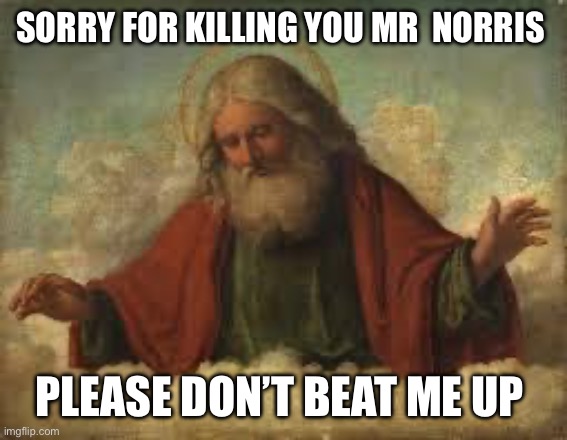 god | SORRY FOR KILLING YOU MR  NORRIS; PLEASE DON’T BEAT ME UP | image tagged in god | made w/ Imgflip meme maker