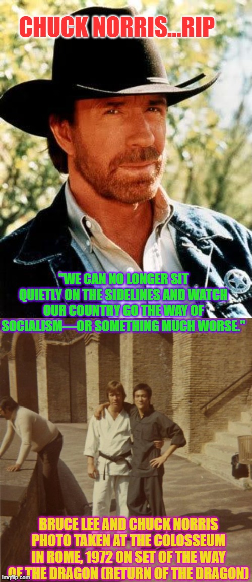Chuck Norris:  "We can no longer sit quietly on sidelines & watch our country go the way of socialism or something much worse." | CHUCK NORRIS...RIP; "We can no longer sit quietly on the sidelines and watch our country go the way of socialism—or something much worse."; Bruce Lee and Chuck Norris photo taken at the Colosseum in Rome, 1972 on set of The Way of the Dragon (Return of the Dragon) | image tagged in chuck norris,communism socialism,bruce lee,usa,martial arts,dragon | made w/ Imgflip meme maker