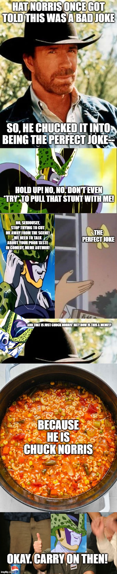 Something Something True Power Something Something Complete | Hat Norris once got told this was a bad joke; So, he Chucked it into being the perfect joke--; Hold up! No, no. Don't even *try* to pull that stunt with me! No, seriously, stop trying to cut me away from the scene! We need to talk about your poor taste in comedy, meme author! The Perfect Joke; And that is just Chuck Norris' hat! How is this a meme!? Because He is Chuck Norris; Okay. Carry on then! | image tagged in memes,chuck norris,perfect cell,is this a pigeon,bowl alphabet soup,chuck norris approves | made w/ Imgflip meme maker