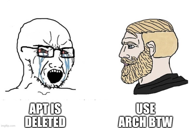 you... wouldnt dare | use arch btw; apt is deleted | image tagged in soyboy vs yes chad | made w/ Imgflip meme maker