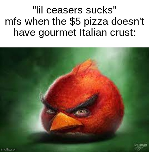 s | "lil ceasers sucks" mfs when the $5 pizza doesn't have gourmet Italian crust: | image tagged in realistic red angry birds | made w/ Imgflip meme maker