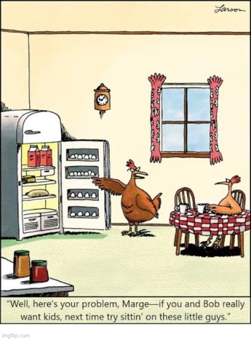 Egg-ceptional advice… | image tagged in the far side,comics,chickens,advice,eggs,kids | made w/ Imgflip meme maker