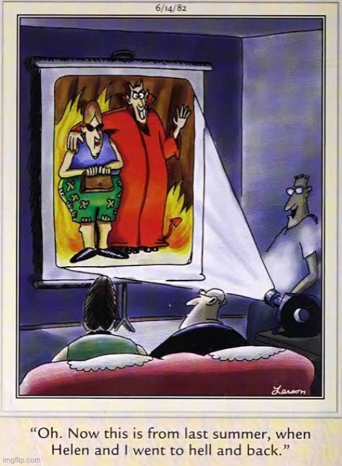That must’ve been a really hot trip… | image tagged in the far side,comics,slides,to hell and back,last summer,vacation | made w/ Imgflip meme maker