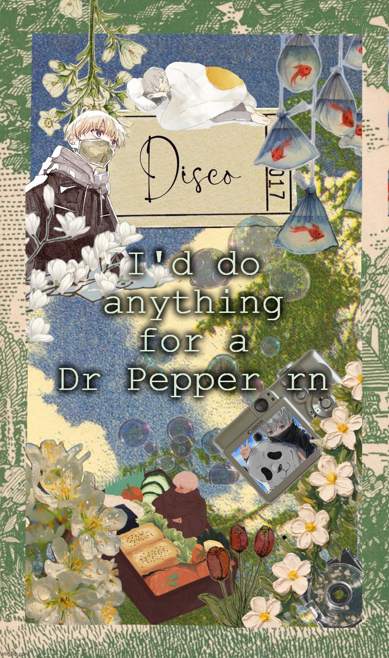 Disco's spring template | I'd do anything for a Dr Pepper rn | image tagged in disco's spring template | made w/ Imgflip meme maker