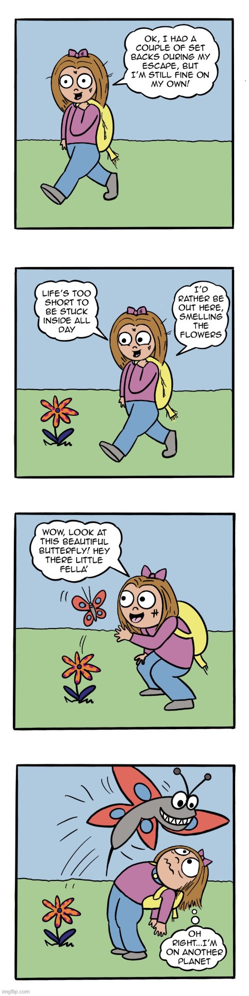 image tagged in human,sally,running away,flower,butterfly,big | made w/ Imgflip meme maker