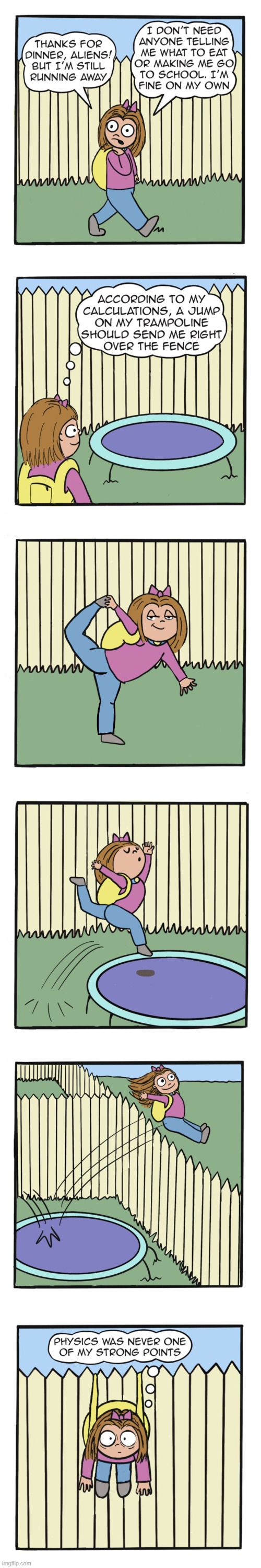 image tagged in human,sally,running away,trampoline,fence,stuck | made w/ Imgflip meme maker