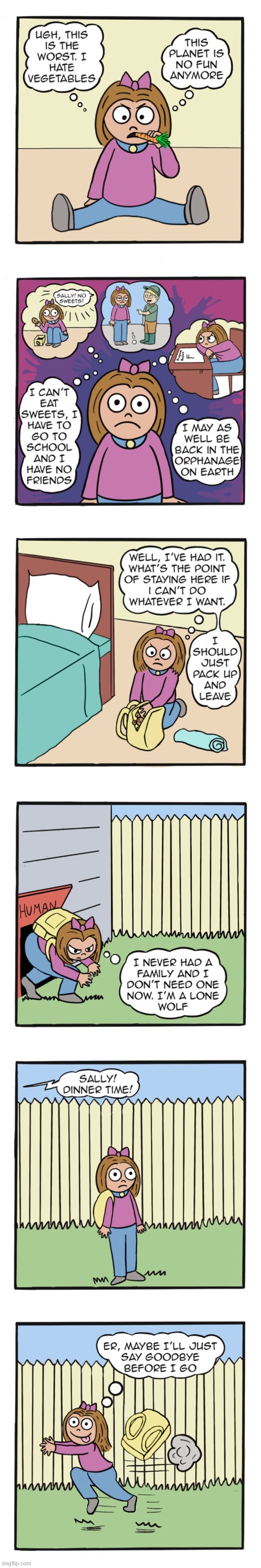 This is the part where we see an arc giving Sally an important life lesson. | image tagged in human,sally,running,away,running away,dinner | made w/ Imgflip meme maker