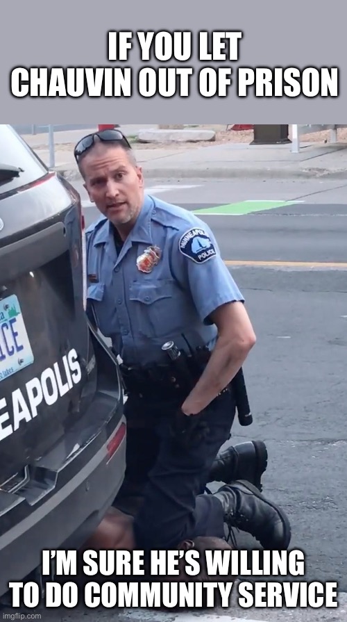 Derek Chauvinist Pig | If you let Chauvin out of prison I’m sure he’s willing to do community service | image tagged in derek chauvinist pig | made w/ Imgflip meme maker