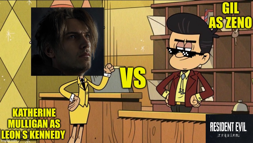 Resident Evil Requiem The Loud House Edition Leon VS Zeno | Gil as Zeno; Vs; Katherine Mulligan as Leon S Kennedy | image tagged in the loud house,memes,resident evil,funny memes,video games | made w/ Imgflip meme maker