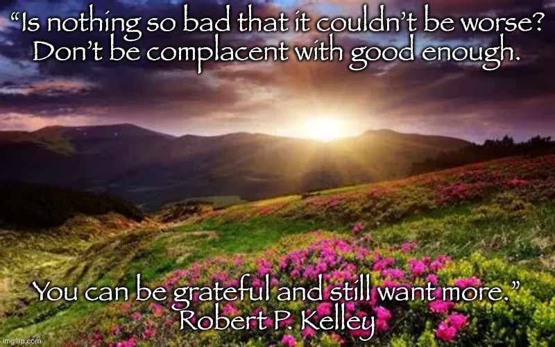 Grateful, but want more. | “Is nothing so bad that it couldn’t be worse?
Don’t be complacent with good enough. You can be grateful and still want more.”
Robert P. Kelley | image tagged in gratitude | made w/ Imgflip meme maker