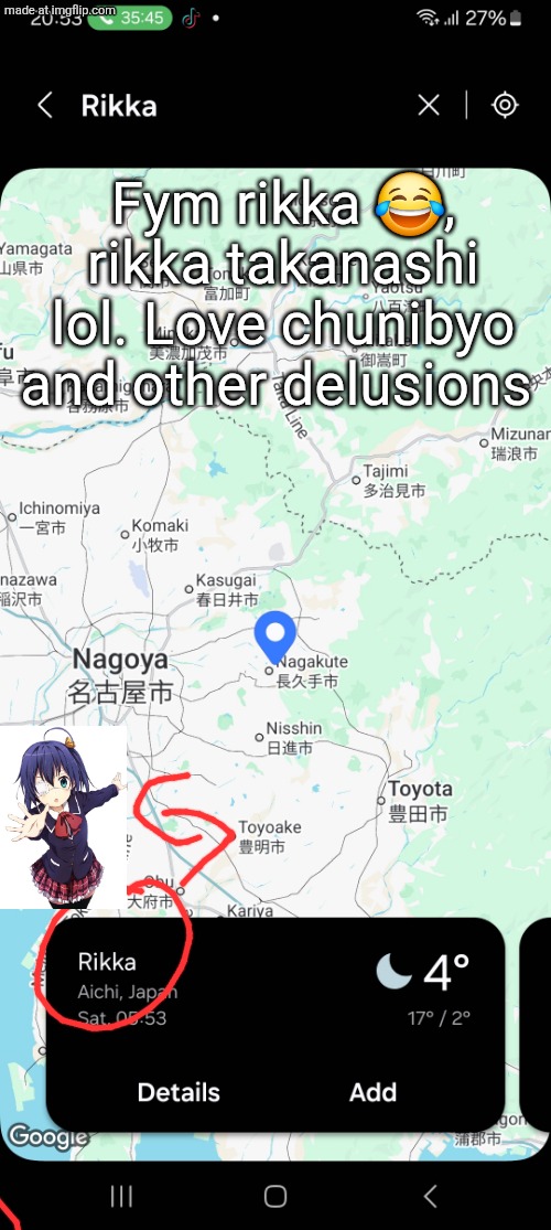 Fym rikka 😂, rikka takanashi lol. Love chunibyo and other delusions | made w/ Imgflip meme maker