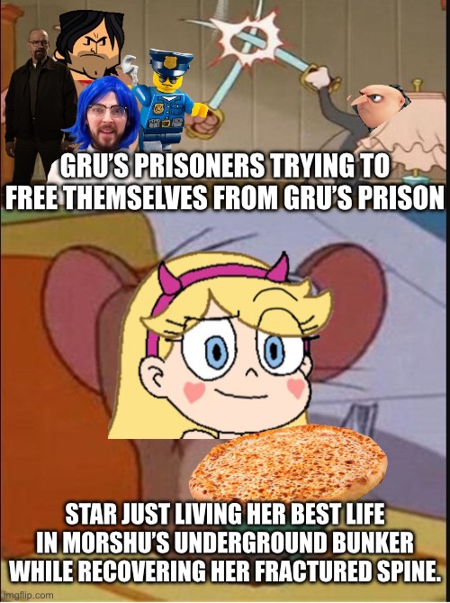 Current State of the Team Morshu Universe in a Nutshell: | Gru’s prisoners trying to free themselves from gru’s prison; Star just living her best life in morshu’s underground bunker while recovering her fractured spine. | image tagged in tom and spike fighting | made w/ Imgflip meme maker